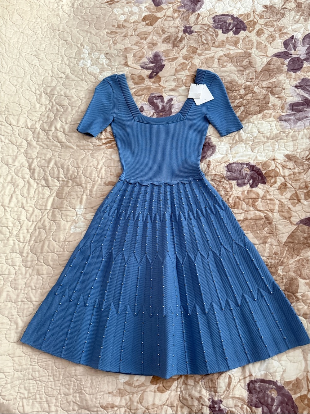 Sandro Blue Knit Mini Dress with Square Neck
